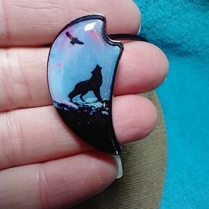 Black wolf eagle on mountain blue black cord necklace